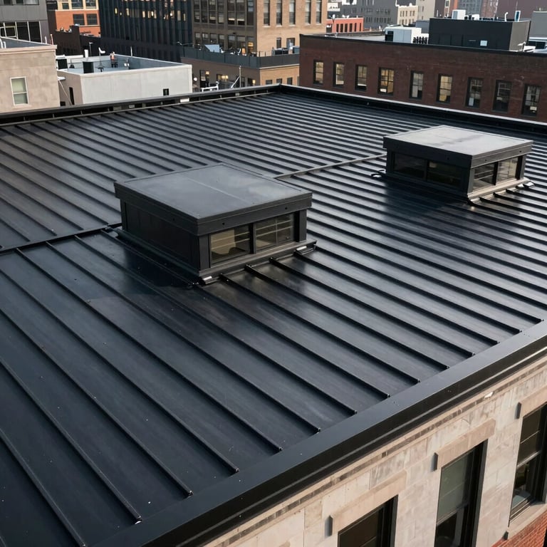 A wide shot of a newly installed premium black metal roof on a Manhattan commercial building, showcasing clean architectural lines.