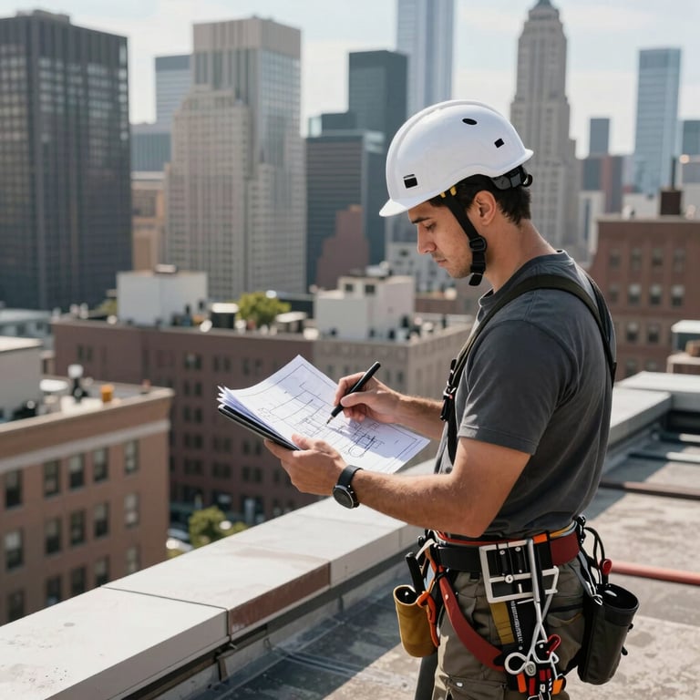 A professional roofer reviewing structural blue prints on a tablet while standing on an elevated NYC rooftop with skyline views.