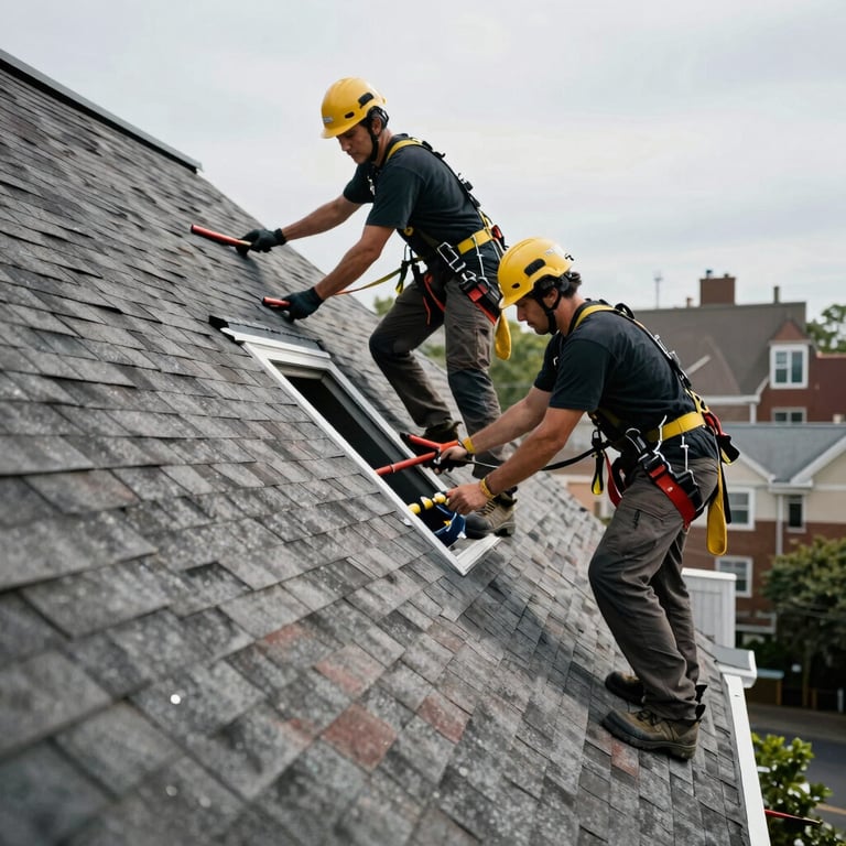 A residential roofing crew in North American / NYC working on a complex multi-gabled shingle roof with precision and safety harnesses.