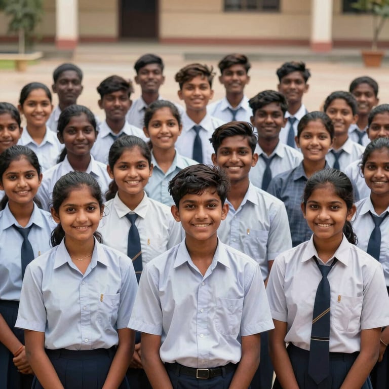 A cheerful group of South Asian students standing in the college courtyard, dressed in clean uniforms, representing a supportive community.