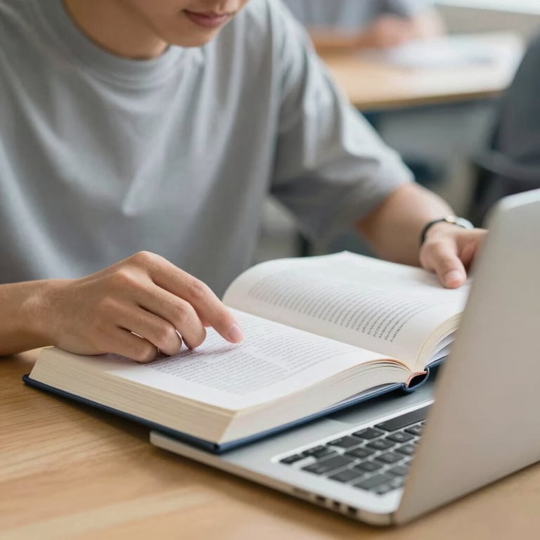 Close-up of a student in a study hall, deeply focused on a thick textbook with a laptop open, representing academic commitment.