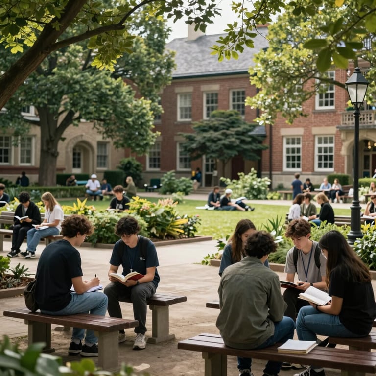 A serene view of the college garden and common area where students are seated on benches engaged in scholarly discussions.