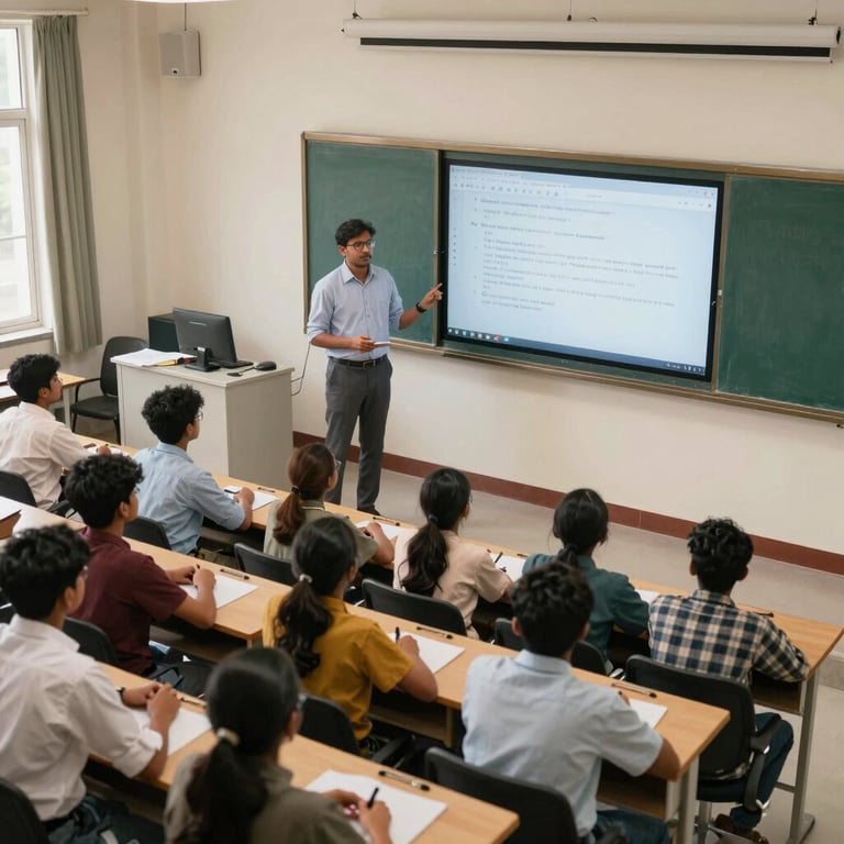 An overhead shot of a clean, modern college classroom in India with students focused on a lecture being delivered via a digital smart board.