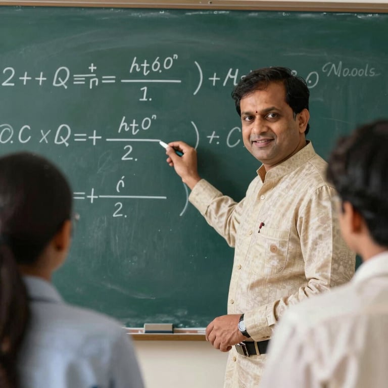 A faculty member in professional Indian attire guiding a student through a complex mathematical equation on a chalkboard.