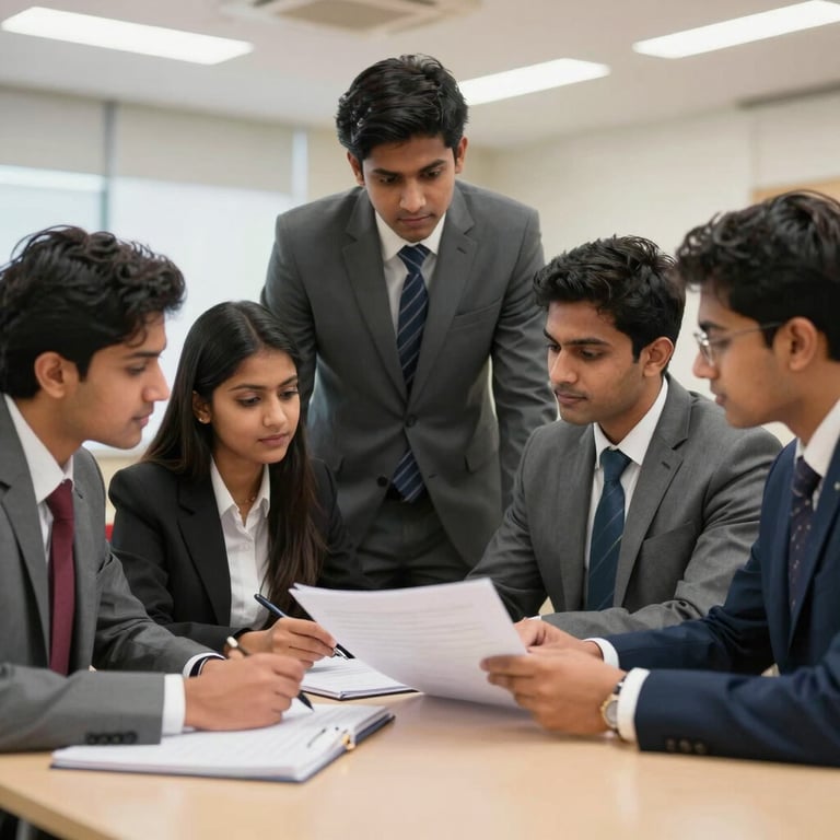 A group of South Asian commerce students in formal business attire discussing a case study in a bright, professional seminar hall.