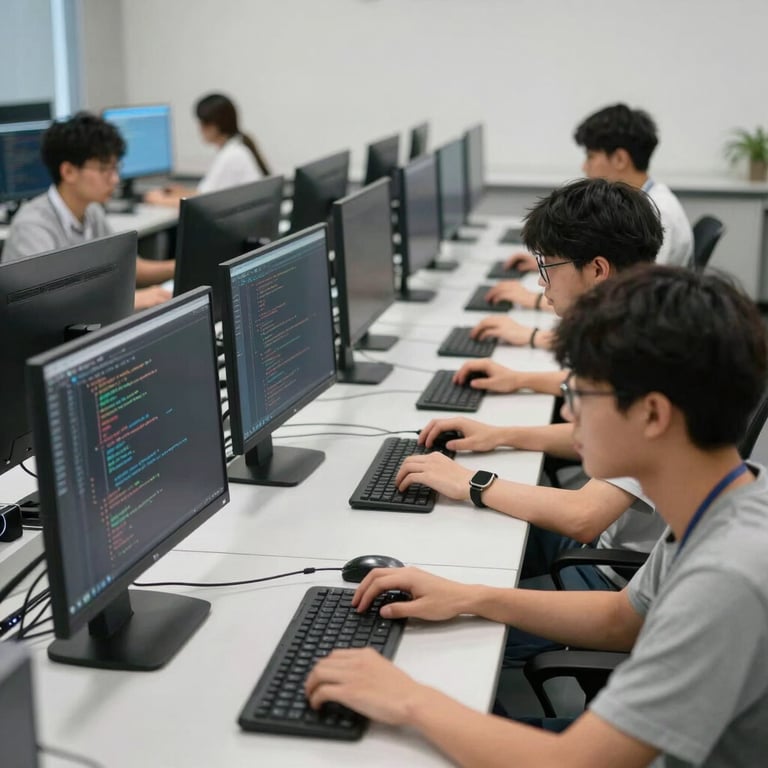 The college's modern computer lab featuring rows of sleek monitors and students working on coding projects in a professional environment.
