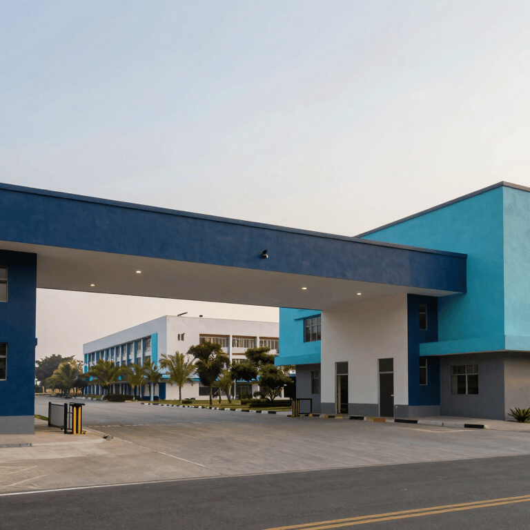 A bright science laboratory in a South Asian college with students in white coats conducting experiments using modern glassware and microscopes.