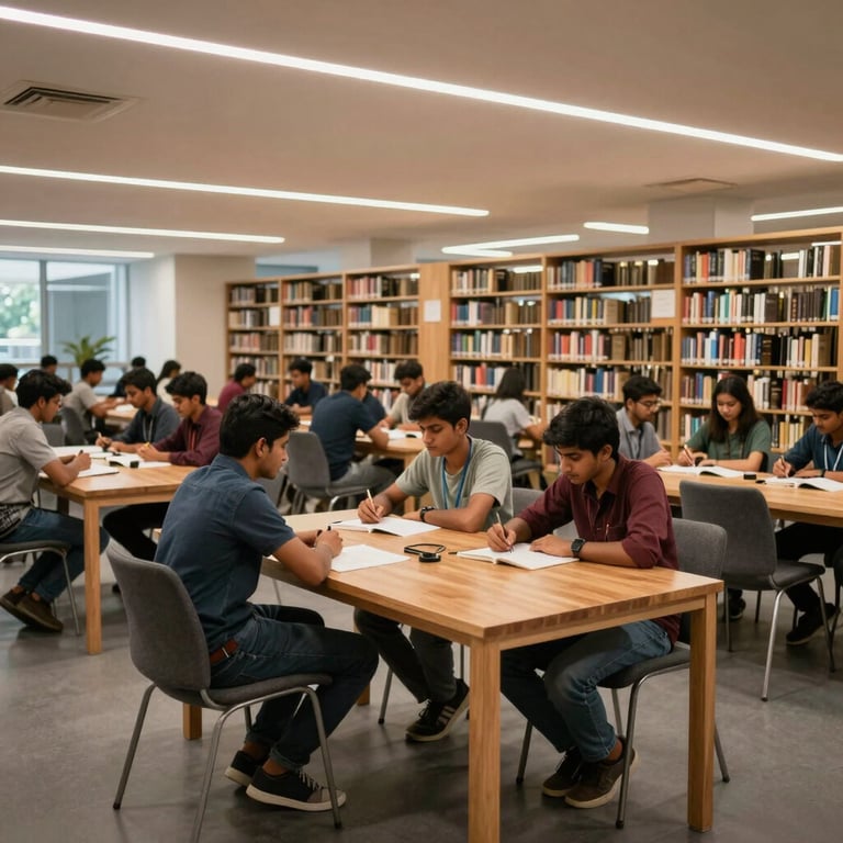 A spacious, modern library with South Asian students sitting at wooden tables, surrounded by rows of books under soft, professional lighting.