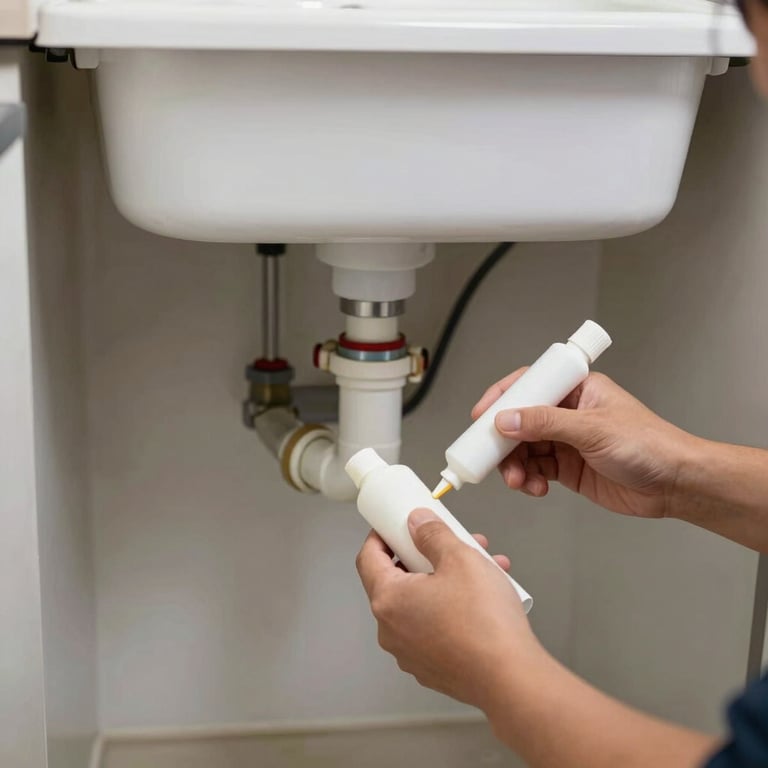A neatly organized plumbing repair under a sink, showing high-quality pipes and expert sealant application.