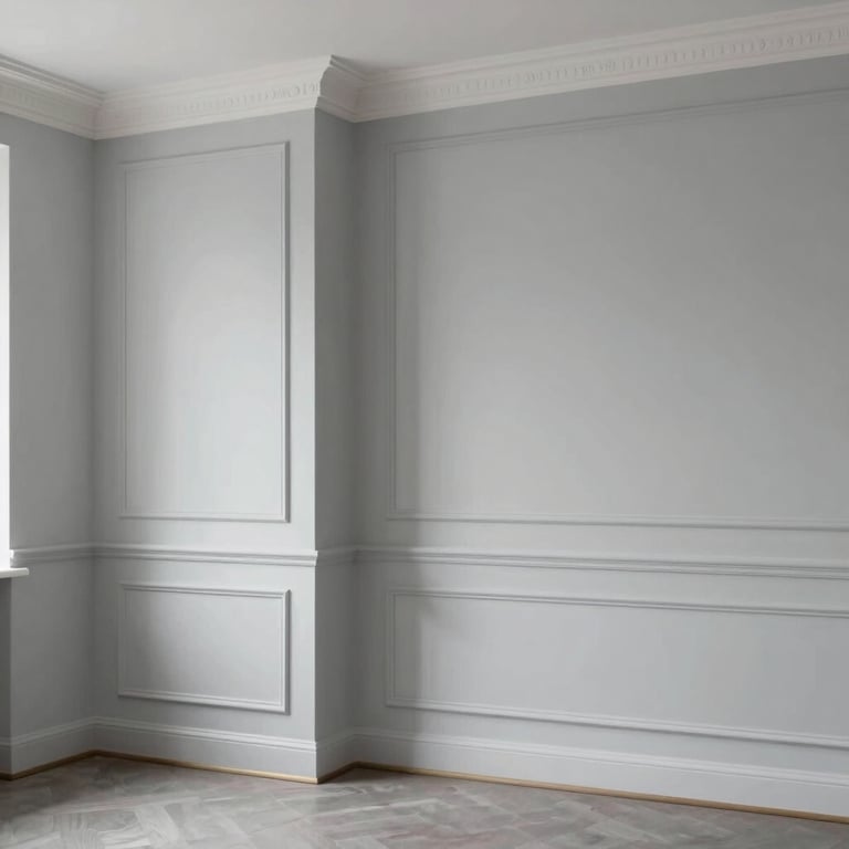 A freshly painted room with crisp edges and a professional finish, showcasing a sophisticated light grey palette.