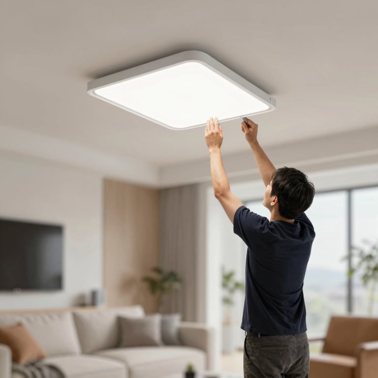 Installation of modern lighting fixtures in a living room, highlighting safe and efficient electrical work.