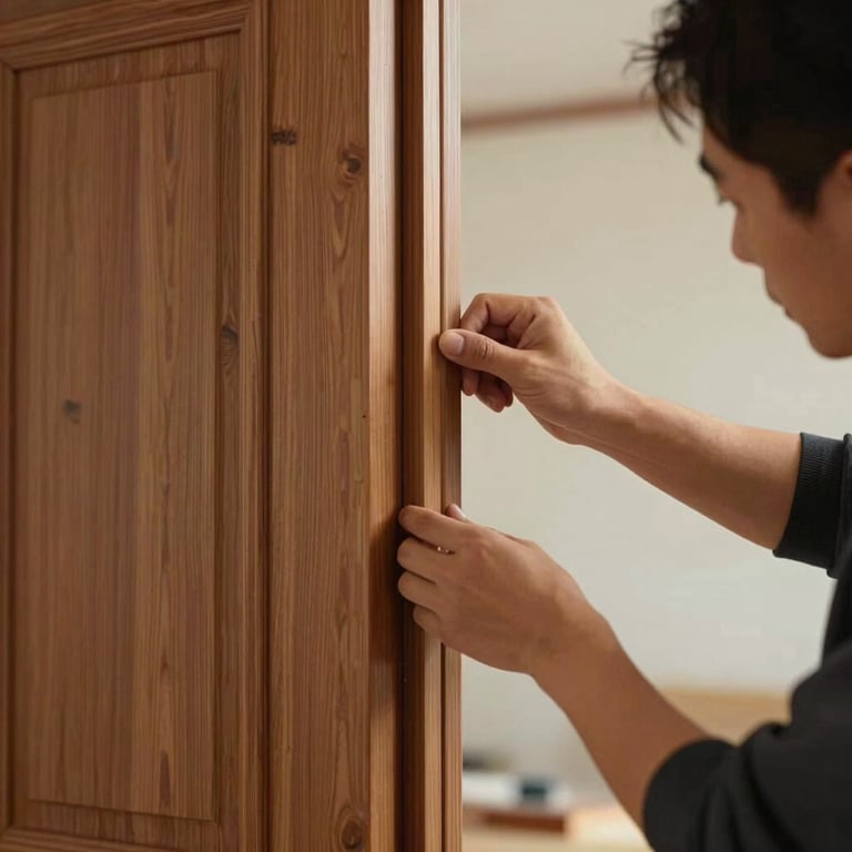 Expert carpentry work on a bespoke wooden door frame, demonstrating high-end craftsmanship and attention to detail.