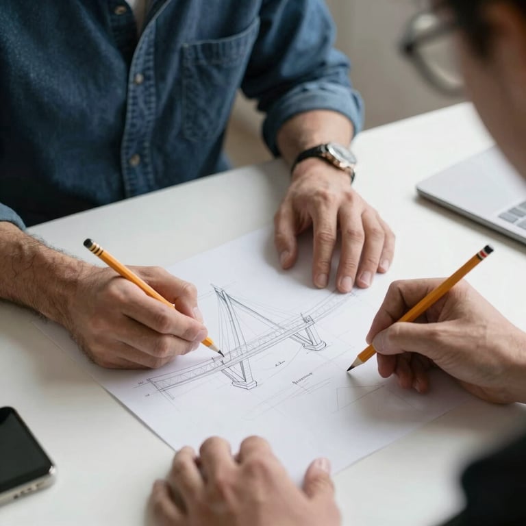 Close-up of hands sketching a structural diagram on a dark surface, warm directional light.