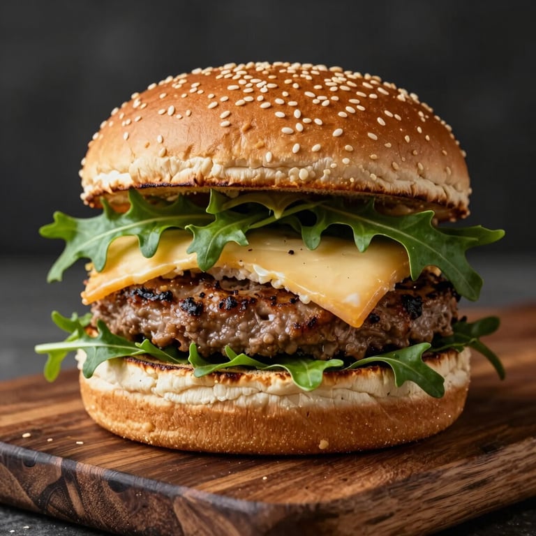 Un burger gastronomique avec du fromage artisanal et de la roquette fraîche, servi sur une planche en bois sombre.