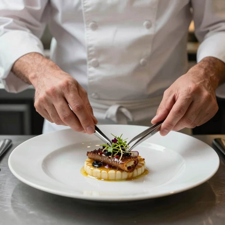 Le chef Menisy finalisant une assiette avec des micro-pousses à l'aide de pinces, ambiance de restaurant haut de gamme.