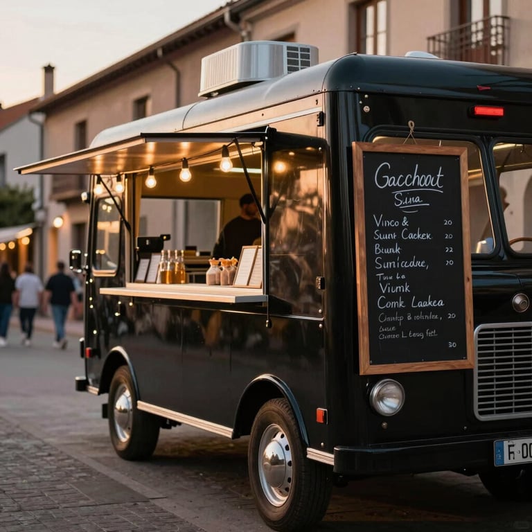 A stylish black food truck parked in a charming Western European street at sunset, warm string lights hanging, people blurred in the background, focus on the chalkboard menu.