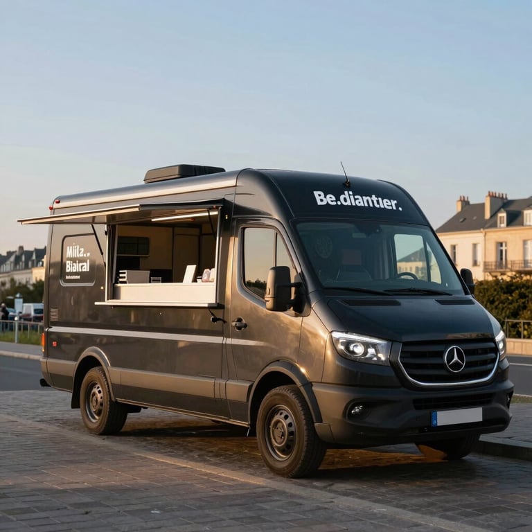 Un food truck moderne noir mat garé dans une rue pavée pittoresque en France, éclairage chaleureux au coucher du soleil.