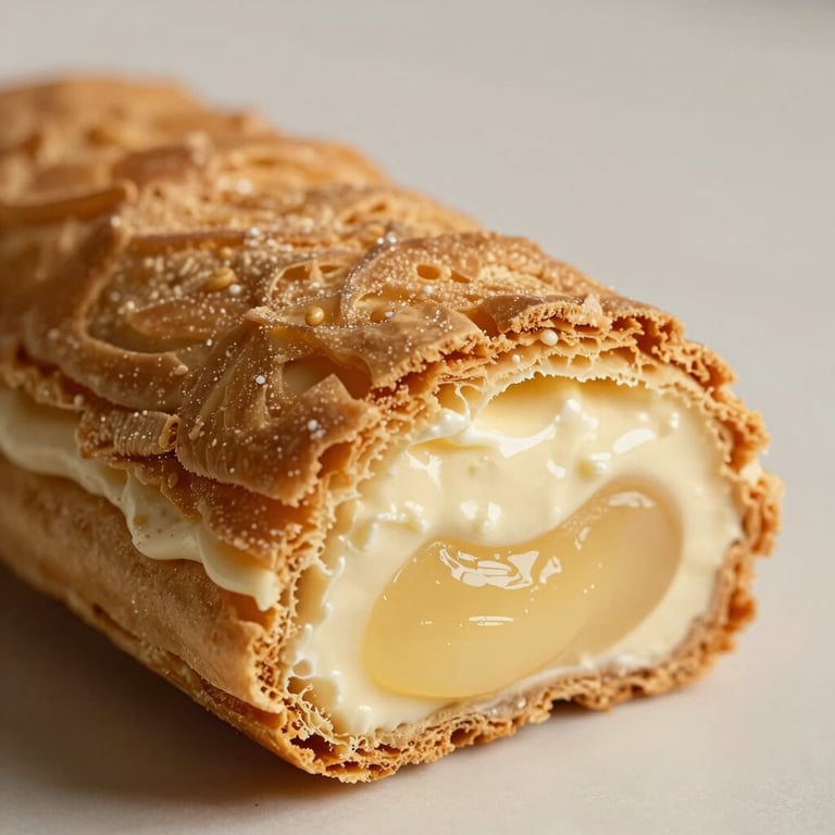 Gros plan macro d'un mille-feuille délicat, montrant les couches de pâte dorée et de crème onctueuse sur fond beige.