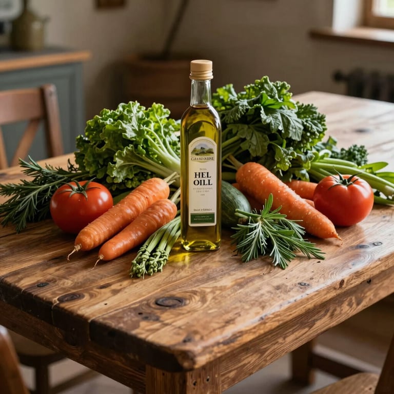 Une table en bois rustique couverte de légumes frais biologiques, d'herbes et d'une bouteille d'huile d'olive, style campagne française.