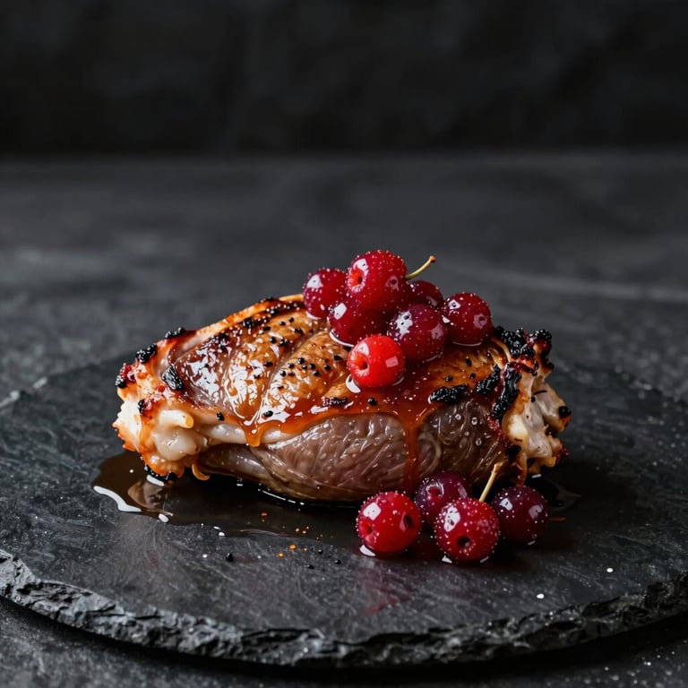 Dressage élégant d'un magret de canard rôti avec une réduction de cerises, couleurs vibrantes sur une assiette en ardoise noire.