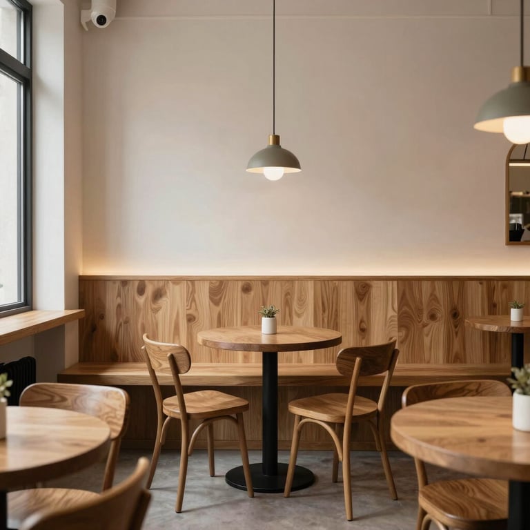 Vue intérieure d'un bistro moderne et chaleureux avec des accents de bois et une décoration minimaliste, esthétique française.
