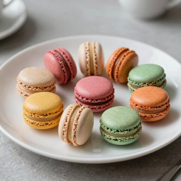 Sélection de macarons français colorés disposés artistiquement sur une assiette en céramique blanche, lumière naturelle.