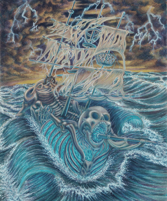 color ink pencil illustration ghost ship fantasy ocean pirate storm landscape skeleton