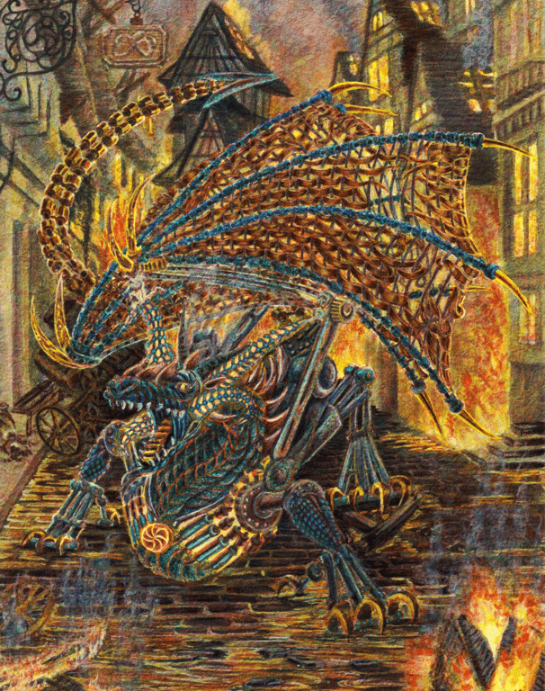 Color ink pencil illustration narrative mechanical dragon roleplaying fantasy