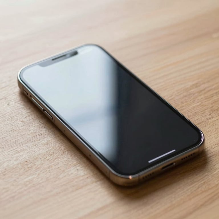 Macro shot of a minimalist mobile UI design displayed on a high-resolution smartphone screen, soft natural morning light reflecting off the glass, clean wooden desk background.