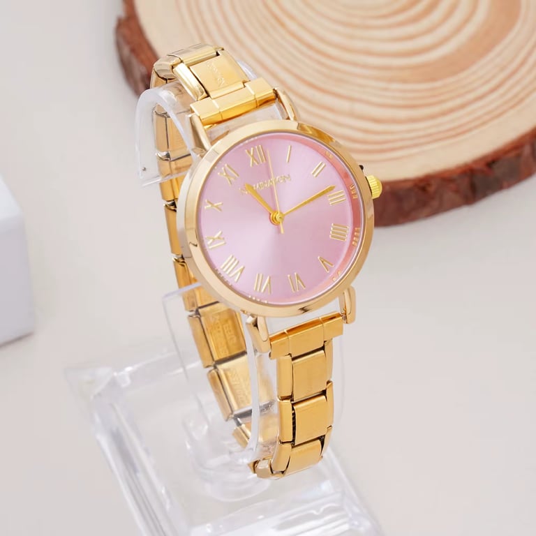 Elegant gold watch for women featuring a pink dial and Roman numerals on a metallic link bracelet.
