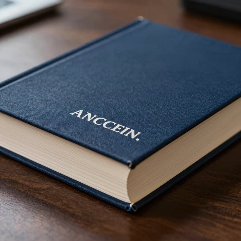 Close-up macro shot of a thick, minimalist hardcover book with deep navy blue fabric binding and silver embossed typography on a dark walnut executive desk, soft natural side lighting.
