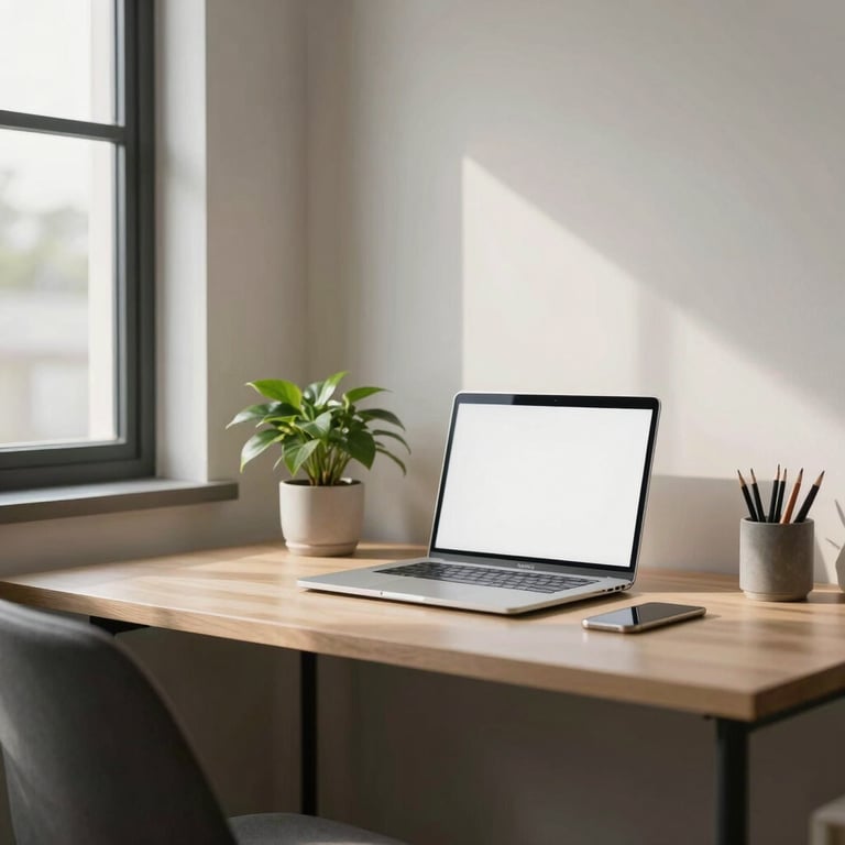 A peaceful home office setup in a modern Indian apartment, featuring a clean desk, a single green plant, and soft natural lighting.