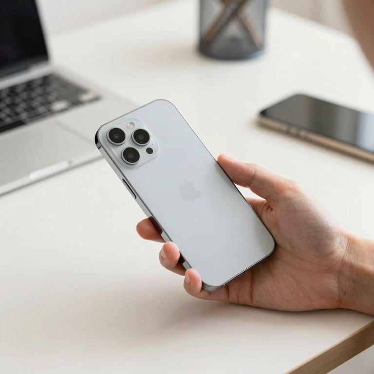 Close-up of a person's hand holding a modern smartphone in a bright, off-white workspace with a clean wooden desk.