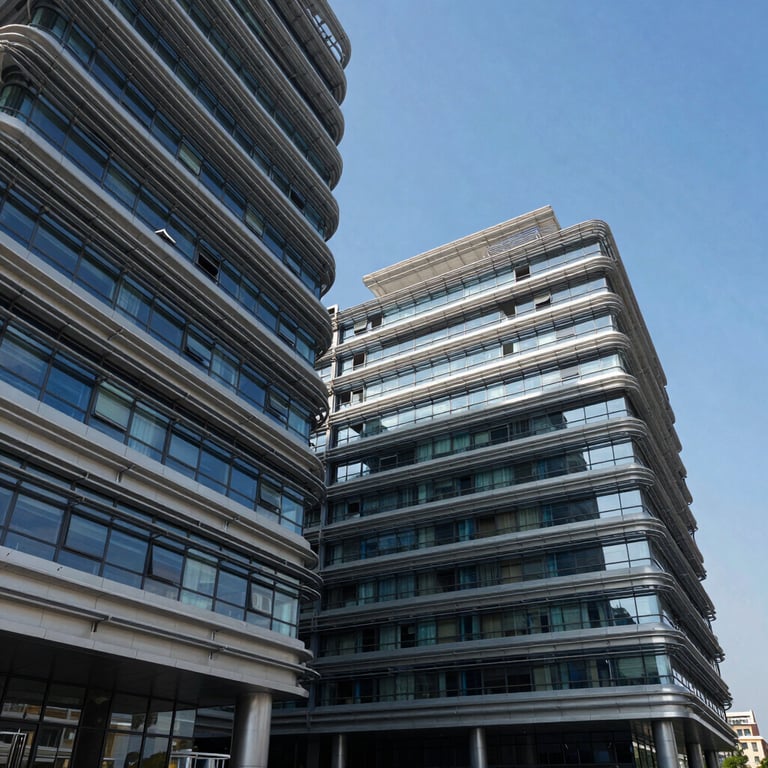 Abstract architectural lines of a contemporary Indian technology park, featuring steel and glass against a clear blue sky.