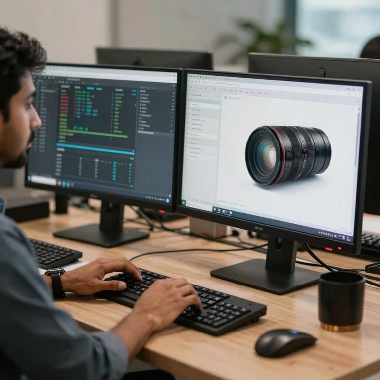 A South Asian developer working at a dual-monitor workstation with high-quality peripherals, reflecting a professional fintech environment.