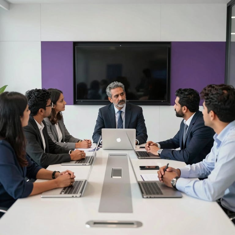 A collaborative team of South Asian professionals in a meeting, brainstorming in a modern boardroom with minimalist purple accents.