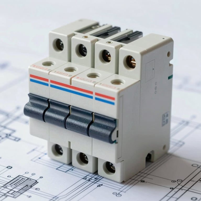 Technical blueprint schematic overlaying a physical circuit breaker, precise lines, bright clean studio lighting