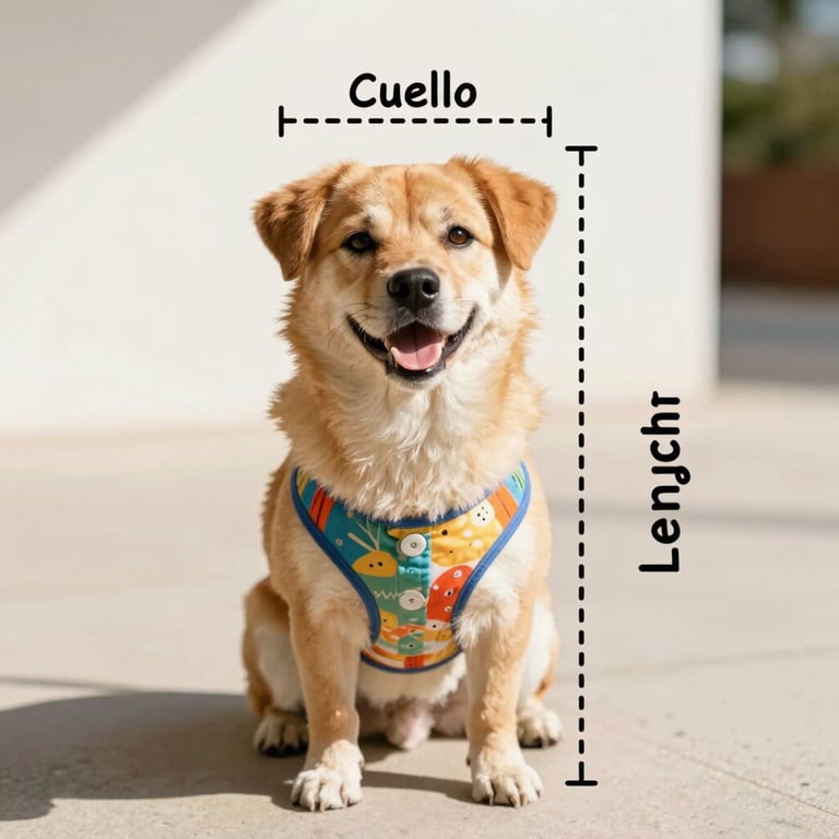 A simple, cute hand-drawn style diagram showing a happy dog with dotted lines indicating where to measure Neck (cuello), Chest (pecho), and Length (largo), clean background, warm colors