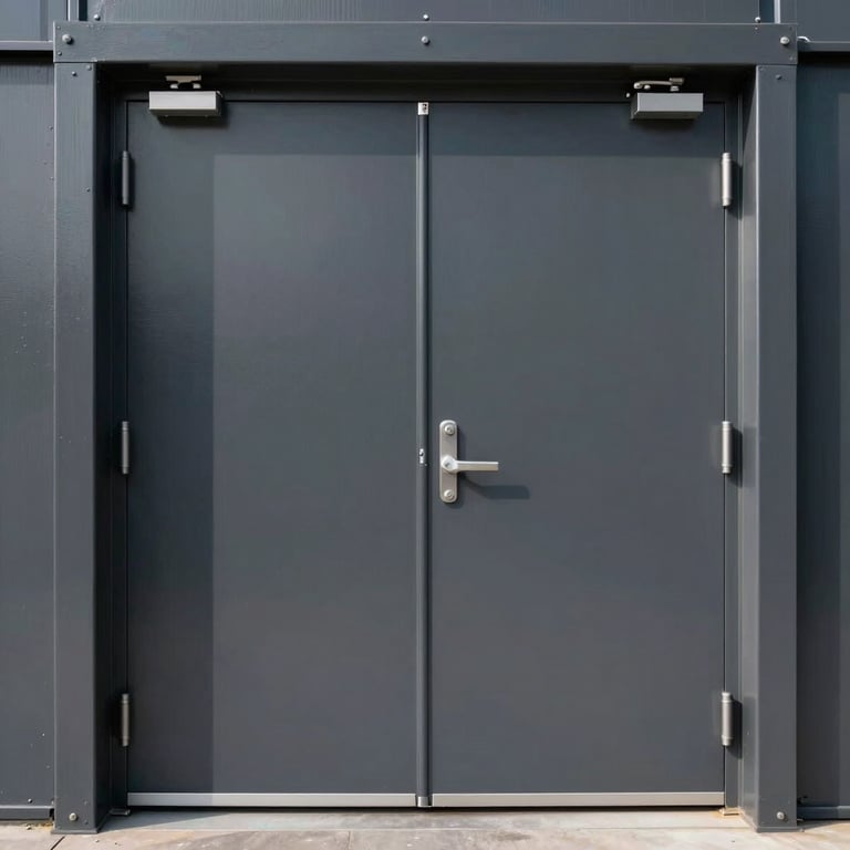 An industrial-strength commercial steel door in deep slate grey, demonstrating modern security design.