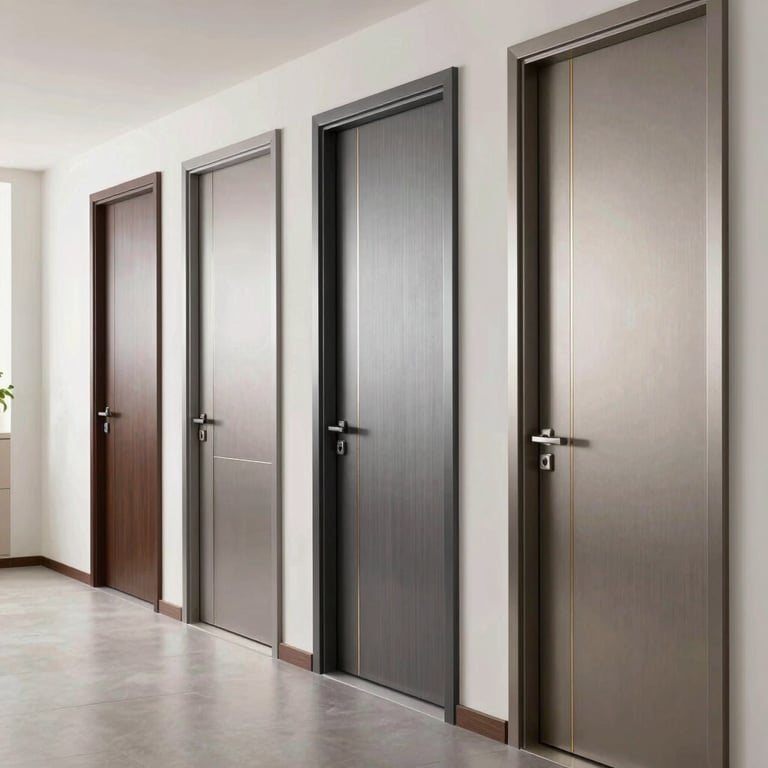A series of high-end apartment doors in a brightly lit, modern hallway featuring steel silver accents.