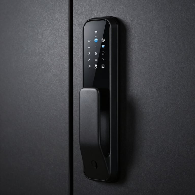 Close-up of a sleek digital smart lock integrated into a dark charcoal door surface.