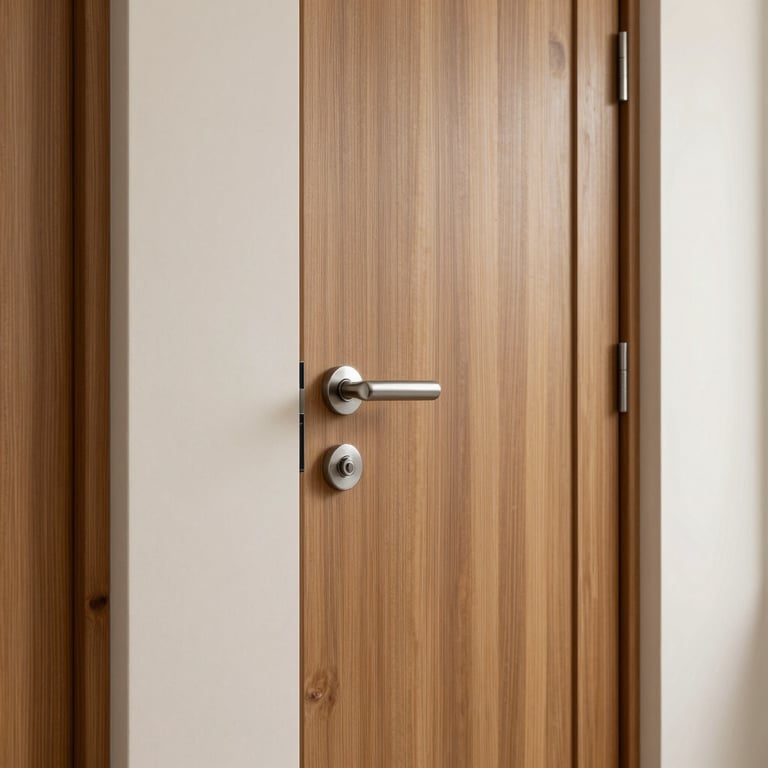 A premium wood-grain finished door with steel silver hardware, set against a clean off-white facade.