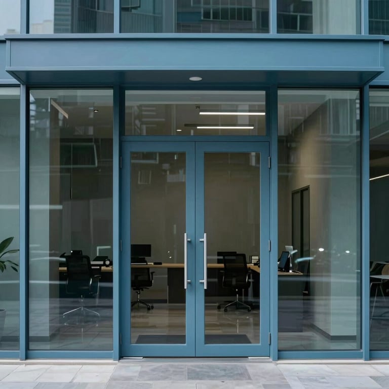 A minimalist glass-paneled office entrance with muted ocean blue metal framing.
