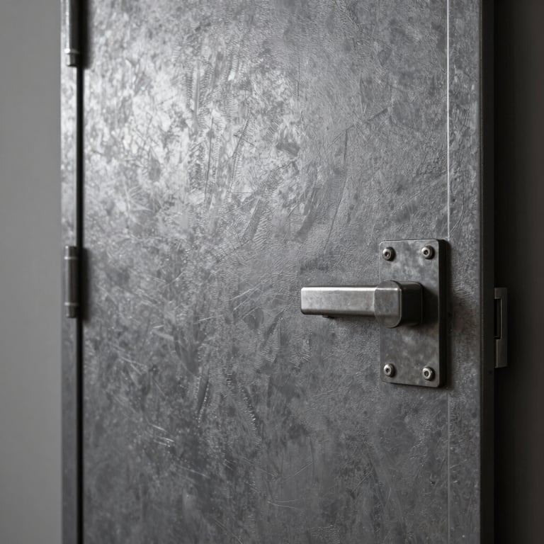 Detailed texture shot of a matte-finished reinforced steel door under professional studio lighting.