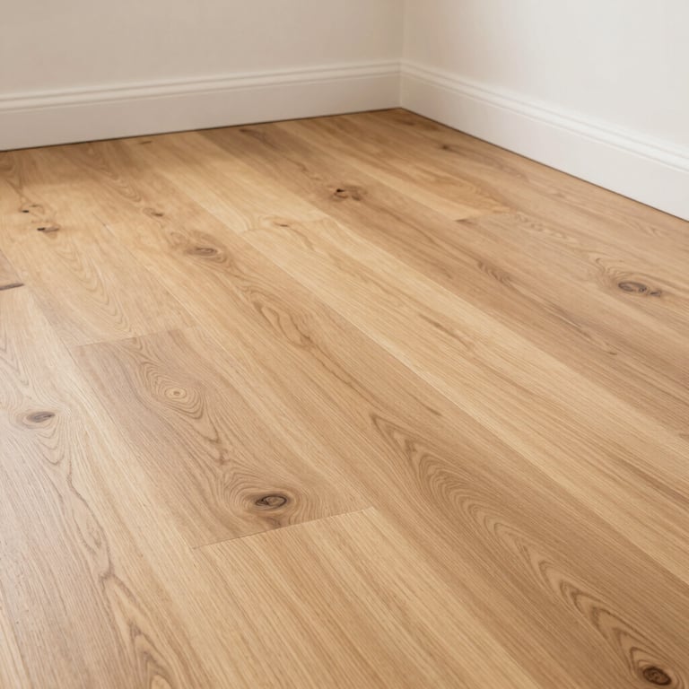 A clean, newly installed light oak hardwood floor stretching across a bright living room with crisp painted white baseboards.