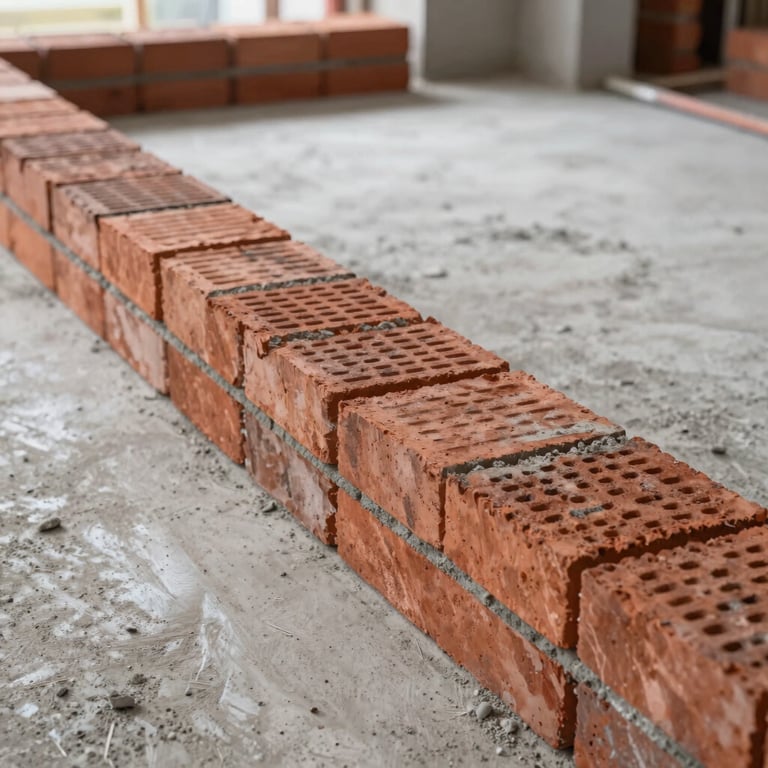 Interior view of a construction site showing perfectly laid bricks and smooth concrete surfaces, professional lighting.