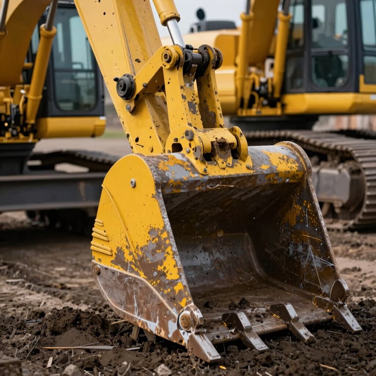 Close-up of an excavator bucket in action, highlighting the vivid yellow paint against dark earth, high-resolution detail.
