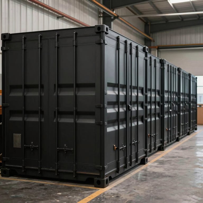 A row of modern, custom-sized containers with a matte black finish, perfectly aligned in an industrial space.