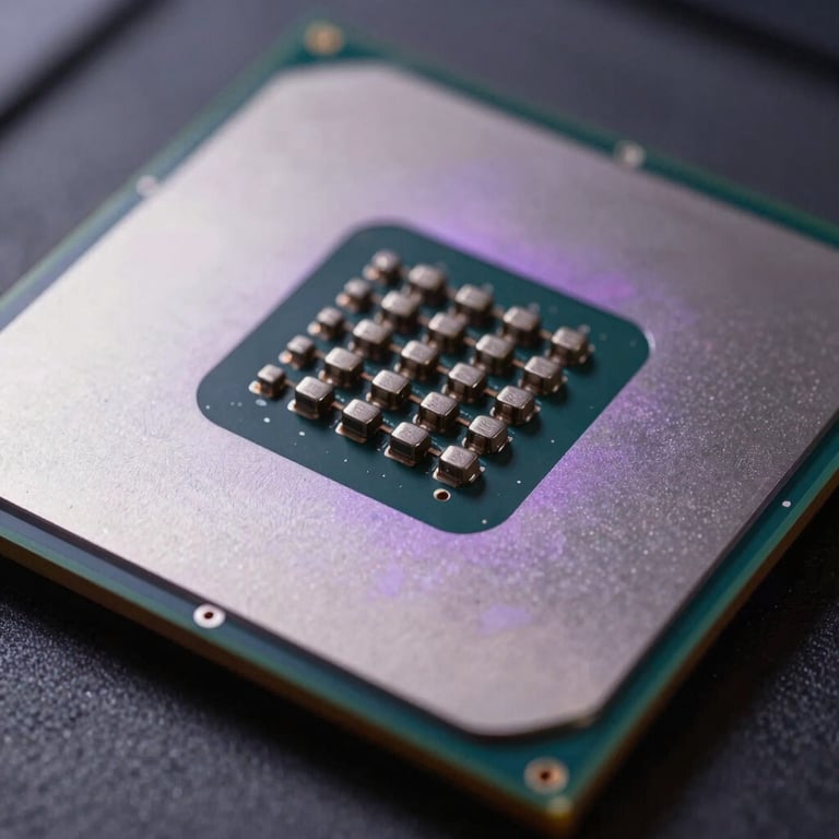 Macro photography of a high-performance computer processor with subtle purple light reflections on its metallic surface.