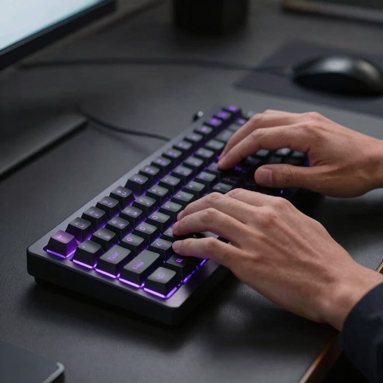 A close-up photograph of a professional's hands typing on a high-tech mechanical keyboard with purple backlighting in a dark, minimalist office.